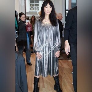 Batsheva Beaumaris Metallic Finish Midi Dress Silver XS